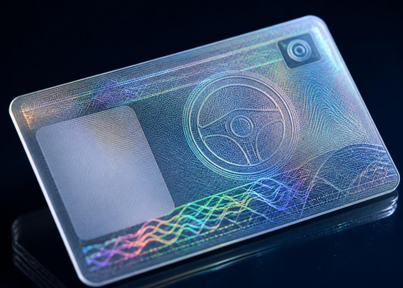 Polycarbonate driving licence card showing holographic diffraction and laser-engraved detail